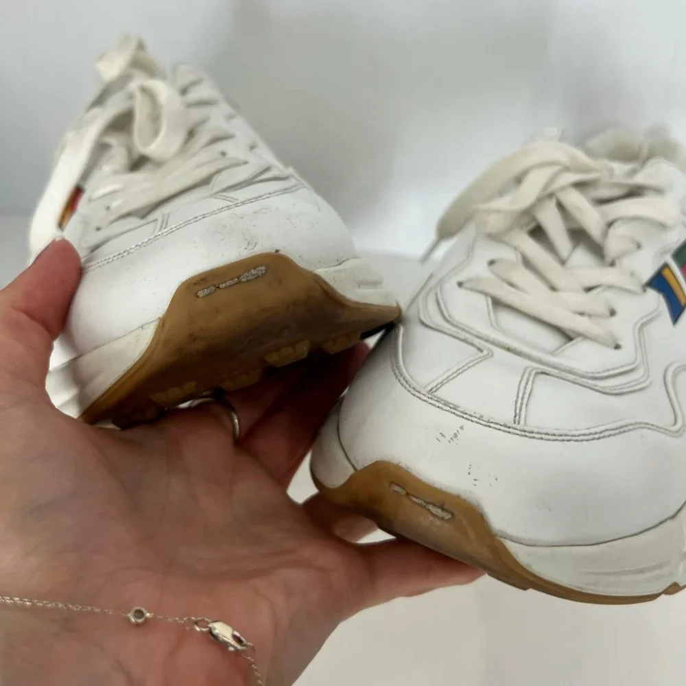 $890 Gucci Worldwide White Leather Rython Platform Sneakers Mens 8 W 9.5/10
